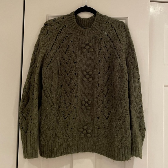 J. Crew Cable-knit pointelle sweater popcorn flowers in moss green - Picture 3 of 8